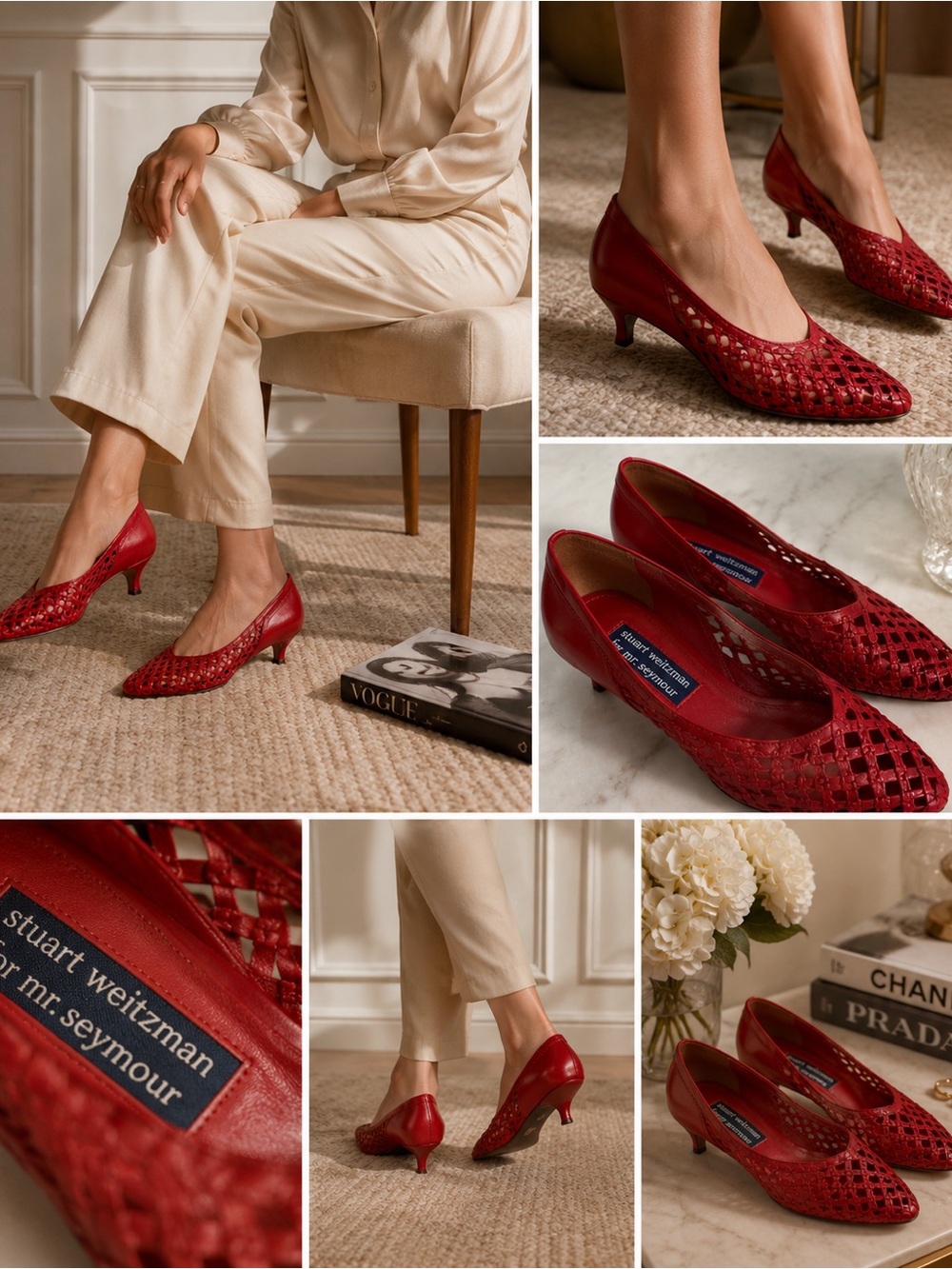 Vintage Stuart Weitzman for Mr. Seymour Red Woven Leather Kitten Heel Pumps